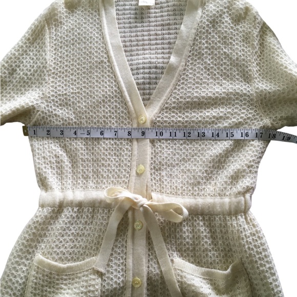 Vintage Belted Cardigan Womens 70s Cream Knit Sweater Tie Button Up Pockets M - Picture 3 of 9